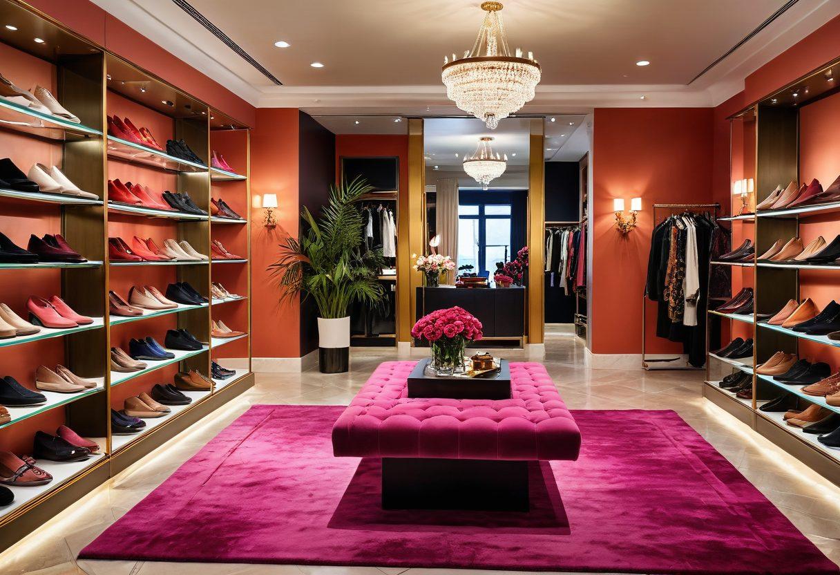 A lavish boutique interior showcasing an array of stylish, comfortable footwear. Elegant display shelves filled with shoes, featuring plush textures and vivid colors. Soft, ambient lighting accentuates the luxurious atmosphere. A fashionable person trying on a pair of exquisite shoes in a full-length mirror. Artful decor elements such as plush rugs and floral arrangements. super-realistic. vibrant colors. chic aesthetic.